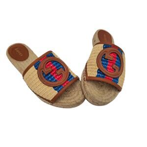 Gucci GG Adela Raffia Espadrille Slide Flat Sandal Size 37 US 7 Beige Brown Red